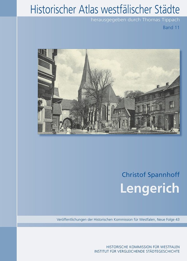 Auf dem Bild sehen wir den Historischen Atlas westfälischer Städte für Lengerich. Abgebildet ist der Rathausplatz mit Kirche in schwarz-weiß