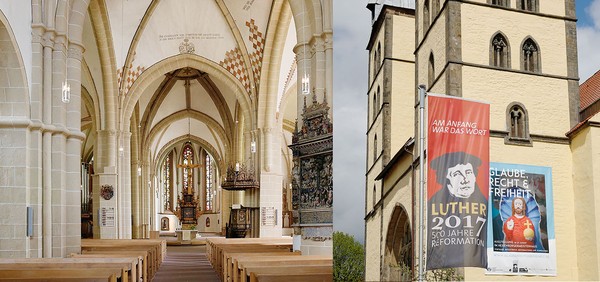 Auf dem Bild sehen wir die Sankt Nicolai-Kirche in Lemgo einmal von Innnen und von Außen
