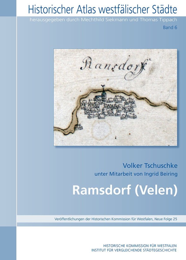 Zu sehen ist das Titelbild der Veröffentlichung, eine schematische Darstellung Ramsdorfs auf einer Grenzkarte der ersten Hälte des 18. Jahrhunderts