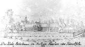 Zu sehen ist das Kloster Hardehausen von Südwesten 1802, Bleistiftzeichnung unbekannter Hand (LWL-Landesmuseum für Kunst und Kulturgeschichte)