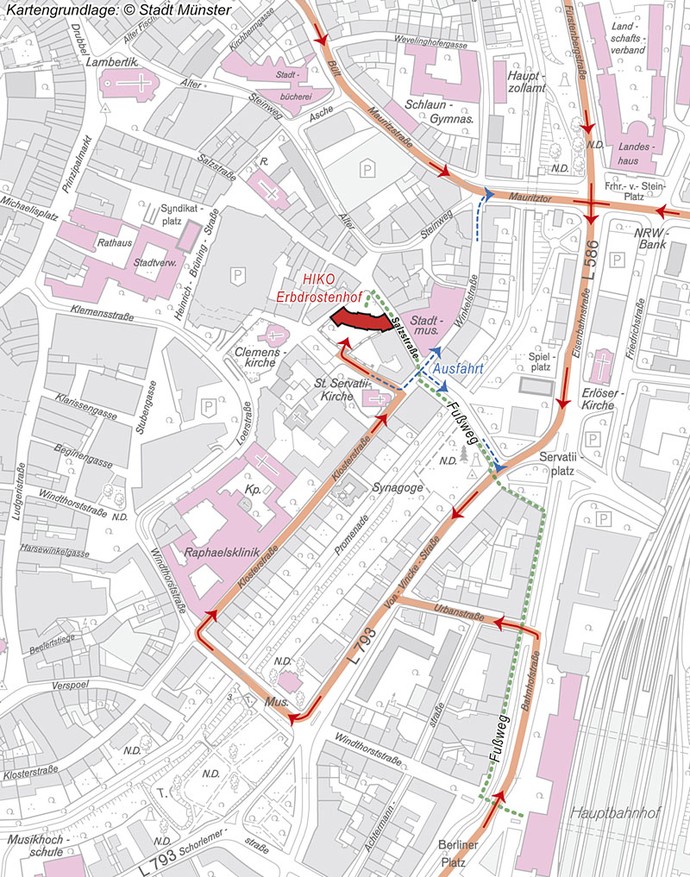 Straßenkarte von Münster mit eingezeichneter Anfahrt zur Historischen Kommission