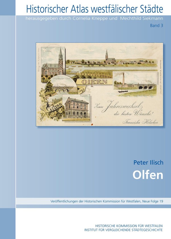 Zu sehen ist das Titelbild der Veröffentlichung, eine Sammelkarte mit gemalten Ansichten der Stadt um das Jahr 1900 herum